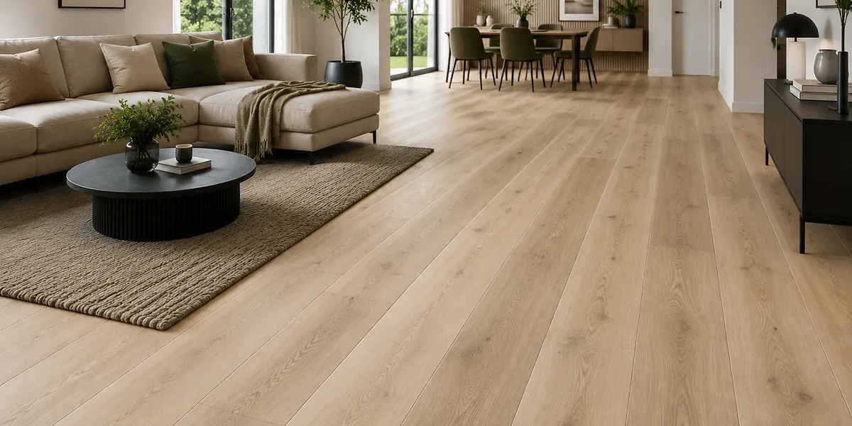 Gro&szlig;formatige Vinyl Langdielen und XL-Dielen in nat&uuml;rlicher Holzoptik in einem modernen Wohnraum. Die langen Dielen betonen die Raumtiefe und sorgen f&uuml;r eine ruhige, gro&szlig;z&uuml;gige Raumwirkung.