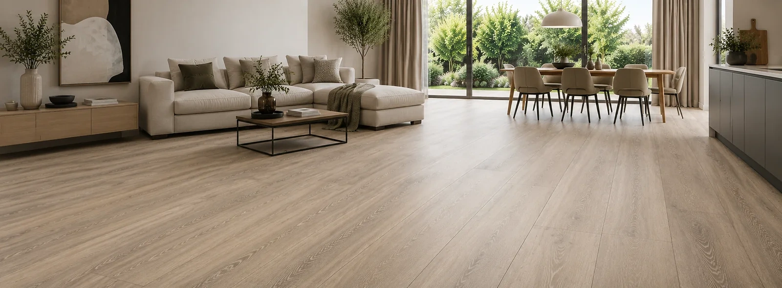 Moderner Wohnraum mit gro&szlig;formatigen Vinyl Langdielen und XL-Dielen in heller Holzoptik. Die langen Dielen unterstreichen die Raumtiefe und sorgen f&uuml;r eine ruhige, gro&szlig;z&uuml;gige Wirkung.