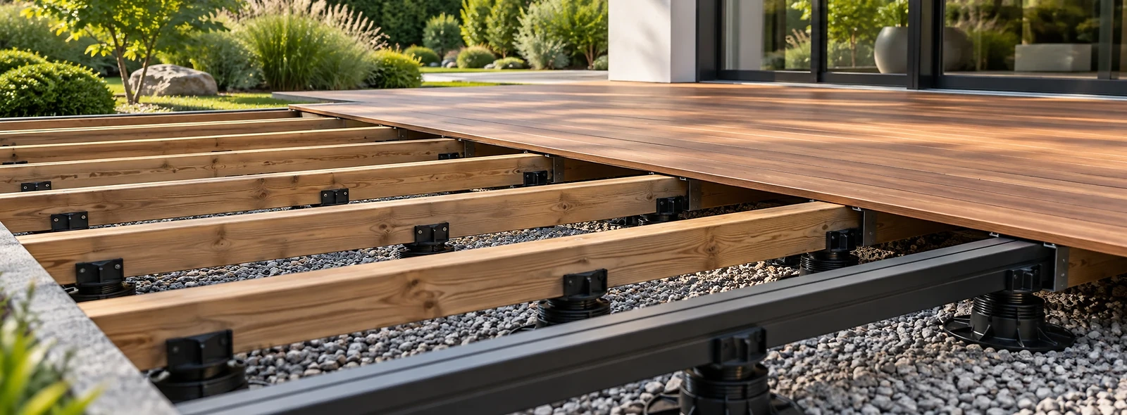 Teilweise verlegte Holzterrasse mit sichtbarer Unterkonstruktion aus Holz und Aluminium auf Stellf&uuml;&szlig;en