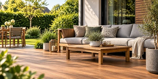 Gem&uuml;tlicher Au&szlig;enbereich mit Gartenm&ouml;beln aus Holz auf einer modernen Terrasse. Ideen f&uuml;r Garten, Terrasse und komfortables Wohnen im Freien.