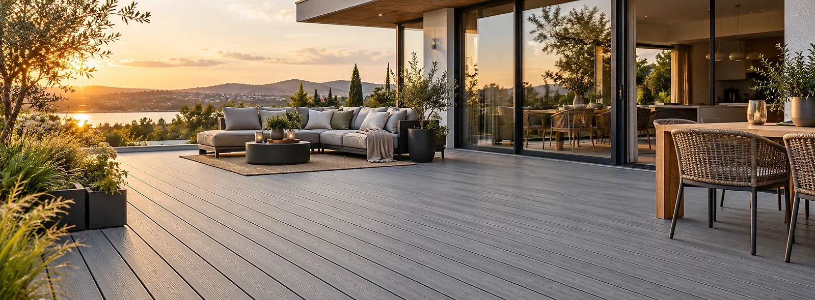 Moderne Terrasse mit grauen WPC-Terrassendielen vor einem Wohnhaus