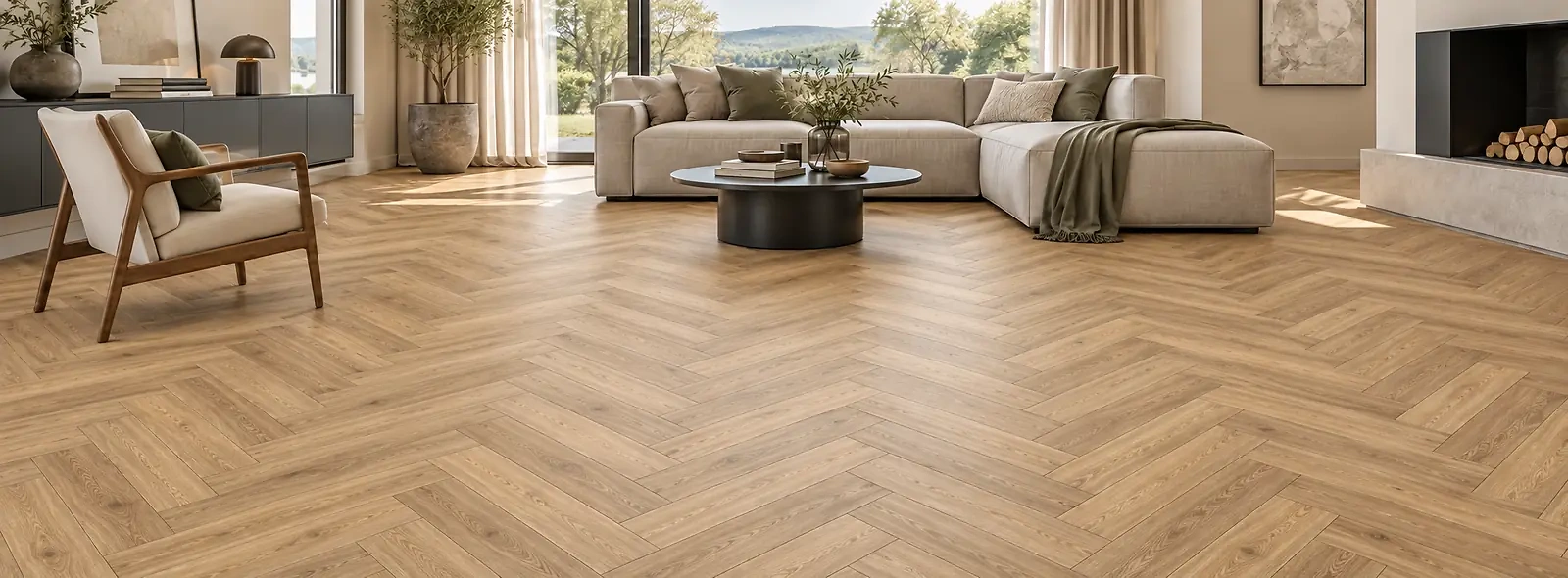 Moderner Wohnraum mit Fischgr&auml;t-Laminat in nat&uuml;rlicher Eichenoptik. Das charakteristische Verlegemuster verbindet klassische Eleganz mit einer robusten und pflegeleichten Laminatoberfl&auml;che.