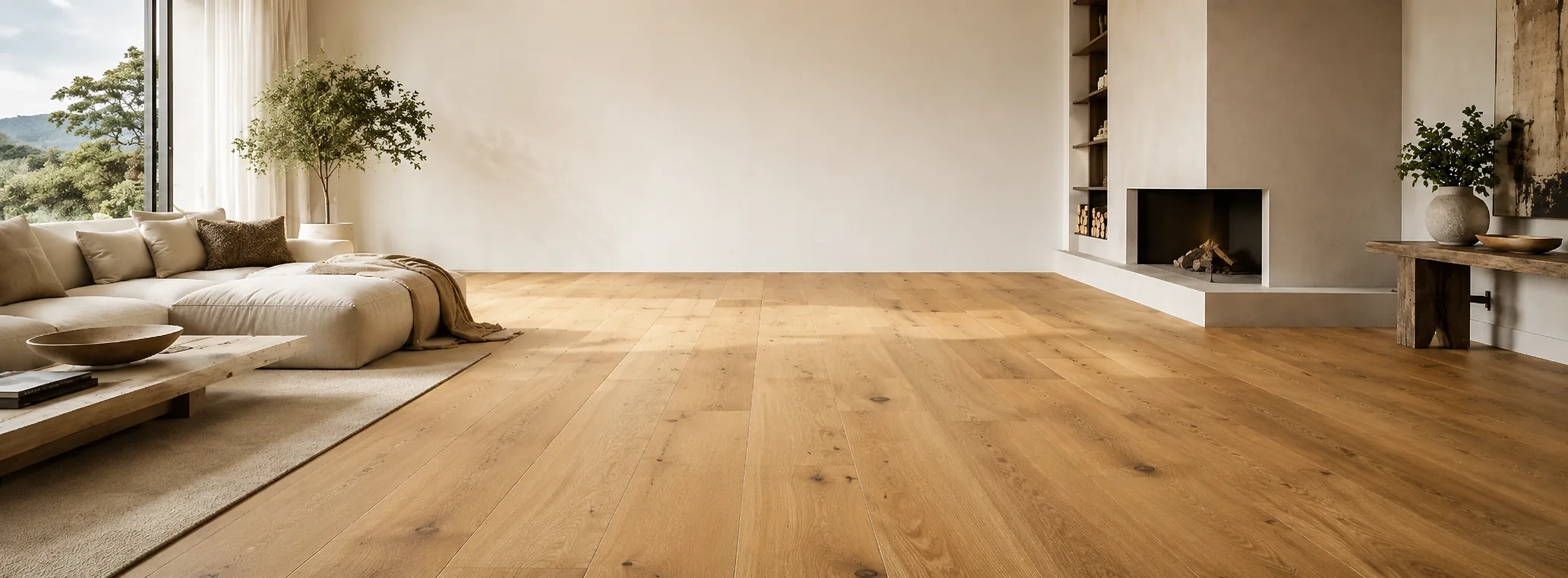 Hochwertige Landhausdielen aus Eiche in einem modernen Wohnraum. Nat&uuml;rliches Echtholzparkett mit gro&szlig;z&uuml;giger, zeitloser Raumwirkung.