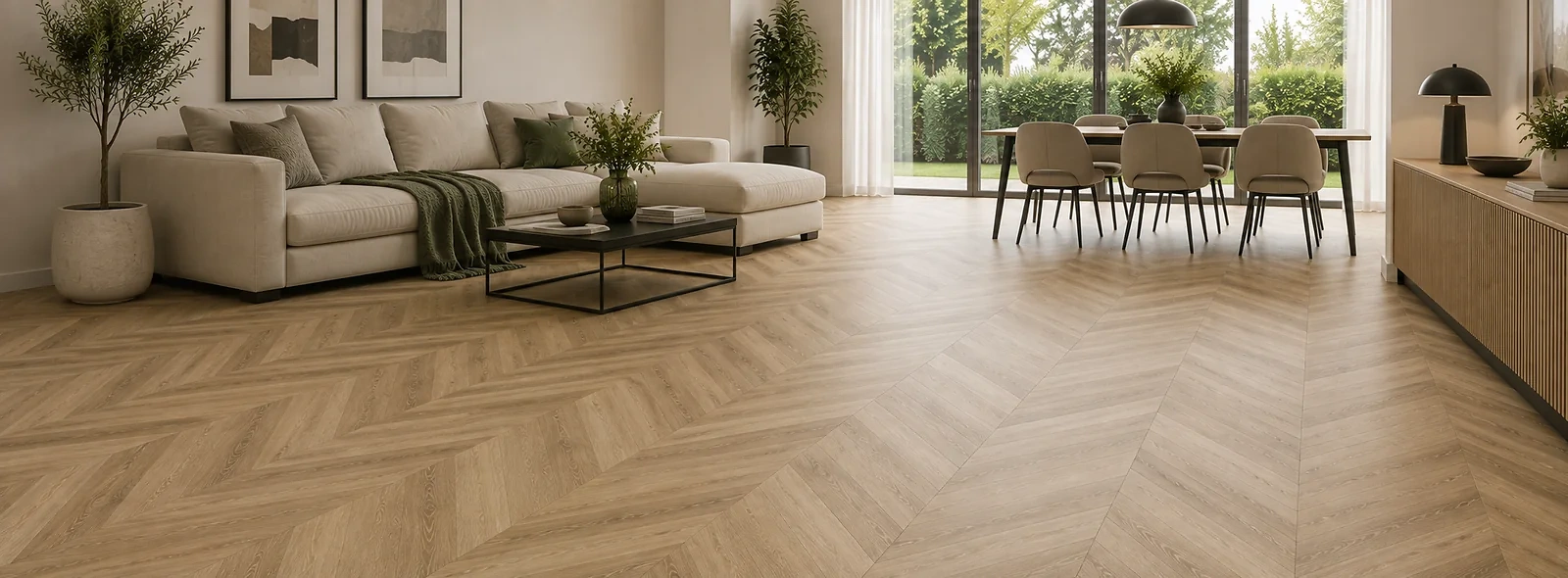 Moderner Wohnraum mit Vinylboden in Fischgr&auml;t- und Chevronoptik. Das markante Verlegemuster sorgt f&uuml;r eine elegante, lebendige und hochwertige Raumwirkung.