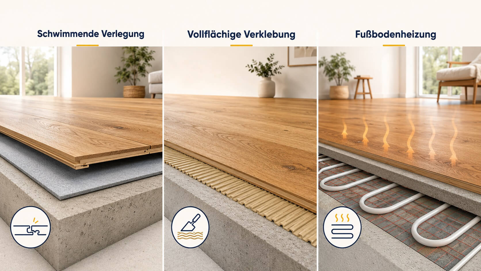 Vergleich von schwimmend verlegtem Parkett, vollflächig verklebtem Parkett und Parkett auf einer Fußbodenheizung